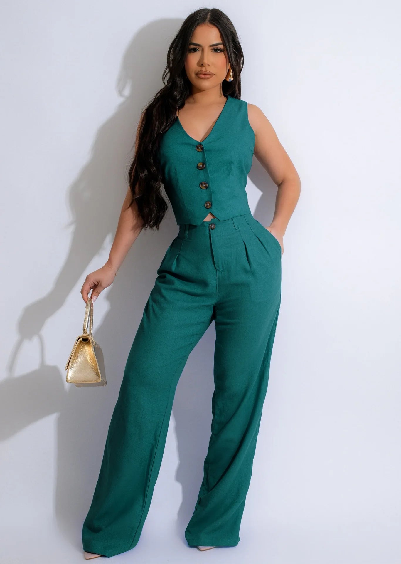 Fashion Sleeveless Vest Pants Women Solid Color Suit Spring Summer V Neck Ultra Short Top + Slim Pants Female Office 2 Piece Set