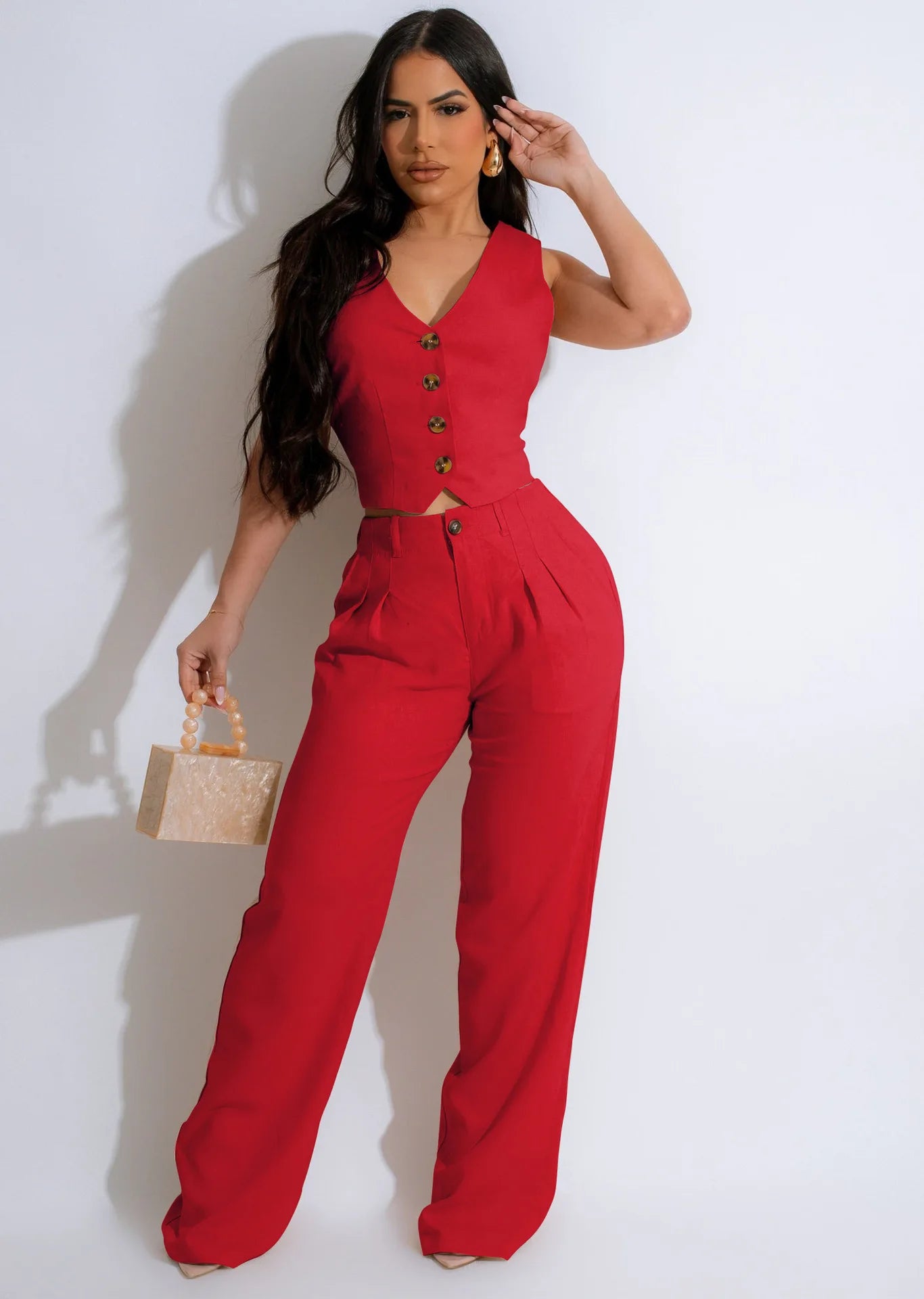 Fashion Sleeveless Vest Pants Women Solid Color Suit Spring Summer V Neck Ultra Short Top + Slim Pants Female Office 2 Piece Set