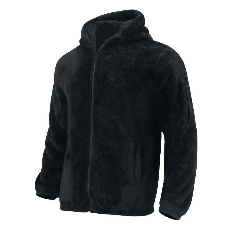 Men’s Fleece Jacket – Hooded, warm, loose fit, casual winter style.