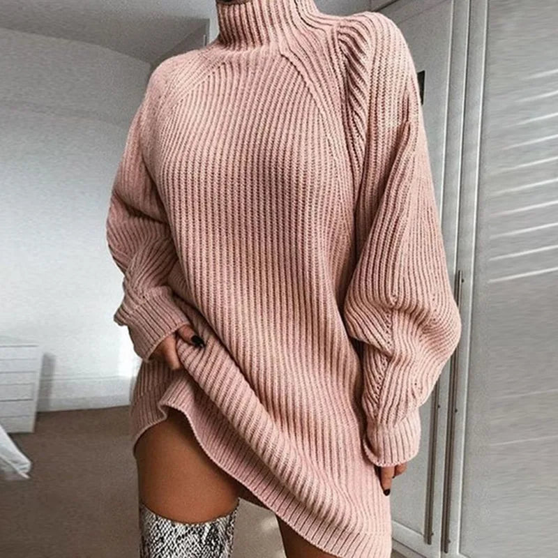 Women's Solid Color Loose Knitted Dress 2023 Autumn Winter New Dress Sweater Women Long Sleeve Turtleneck Pullover Dress Sweater