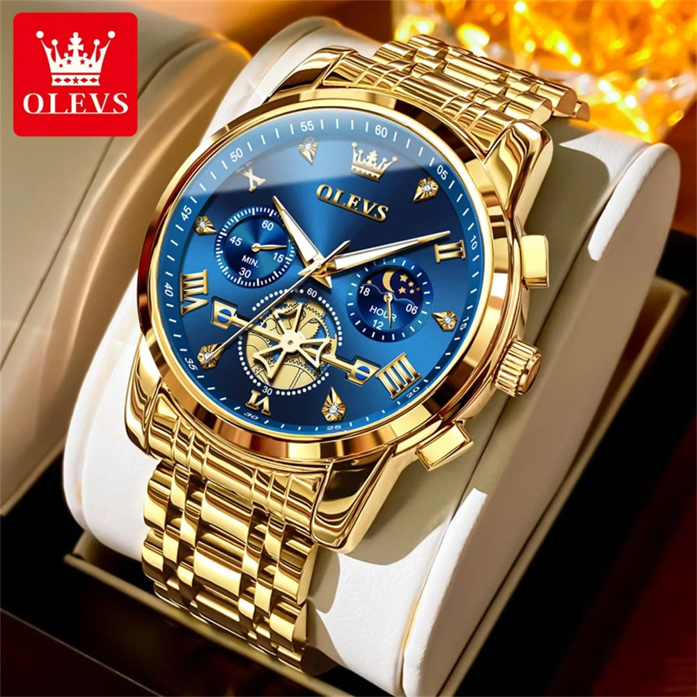 OLEVS 2856 Original Quartz Dress Watch For Men Moon Phase Stainless Steel Business Wristwatch Waterproof Luminous Man Watches