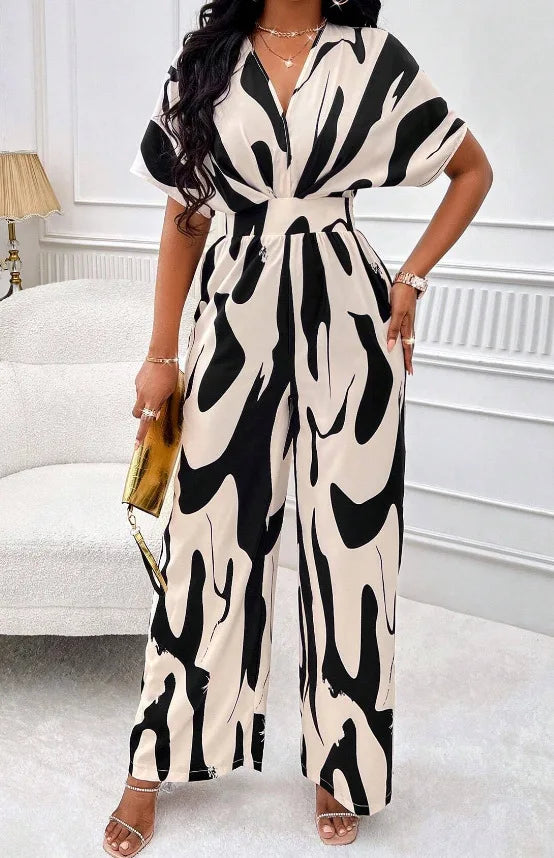 Spring Summer New Printed Short Sleeve For Women's Jumpsuit Fashion Waist Slim Simple Elegant Female Office Jumpsuit Pants
