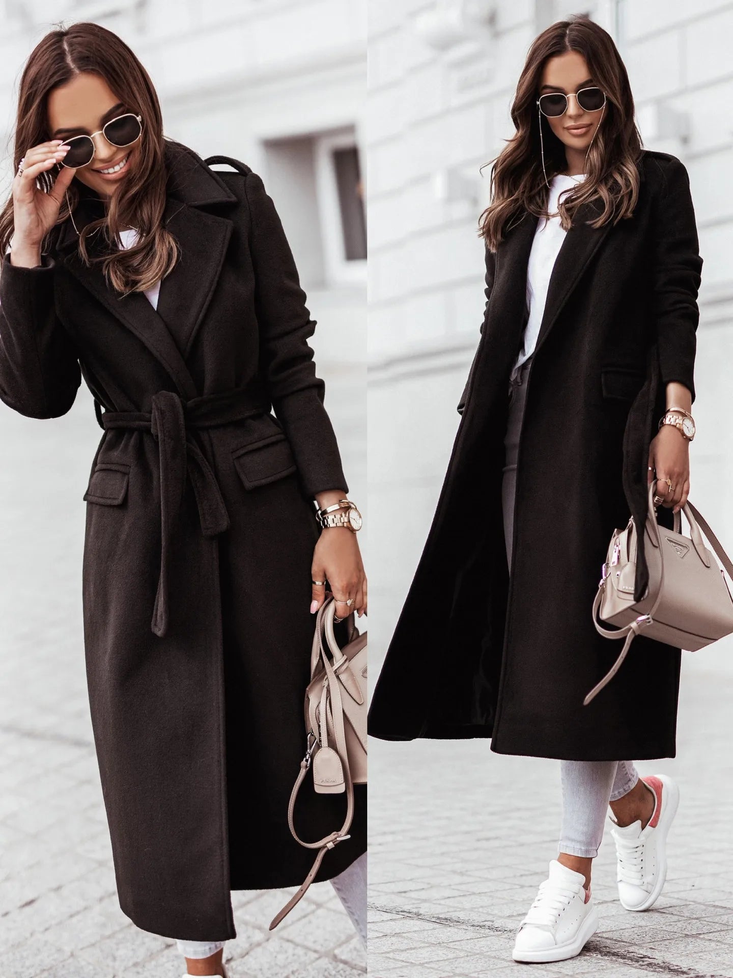Fashionable women’s wool coat with long sleeves and a belted wrap design. Elegant and versatile — perfect for spring and autumn.