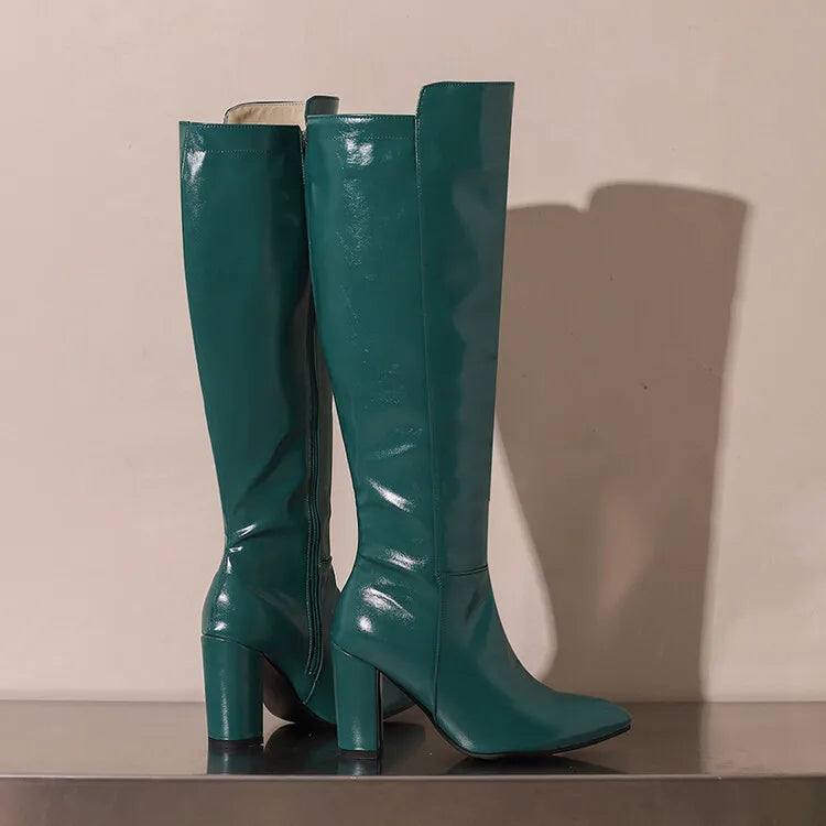 Sexy Women Knee High Boots Pointy Toe Chunky Heels 9CM Boot Large Size 44 45 46 With Zipper Winter Outdoors Leather Female Shoes