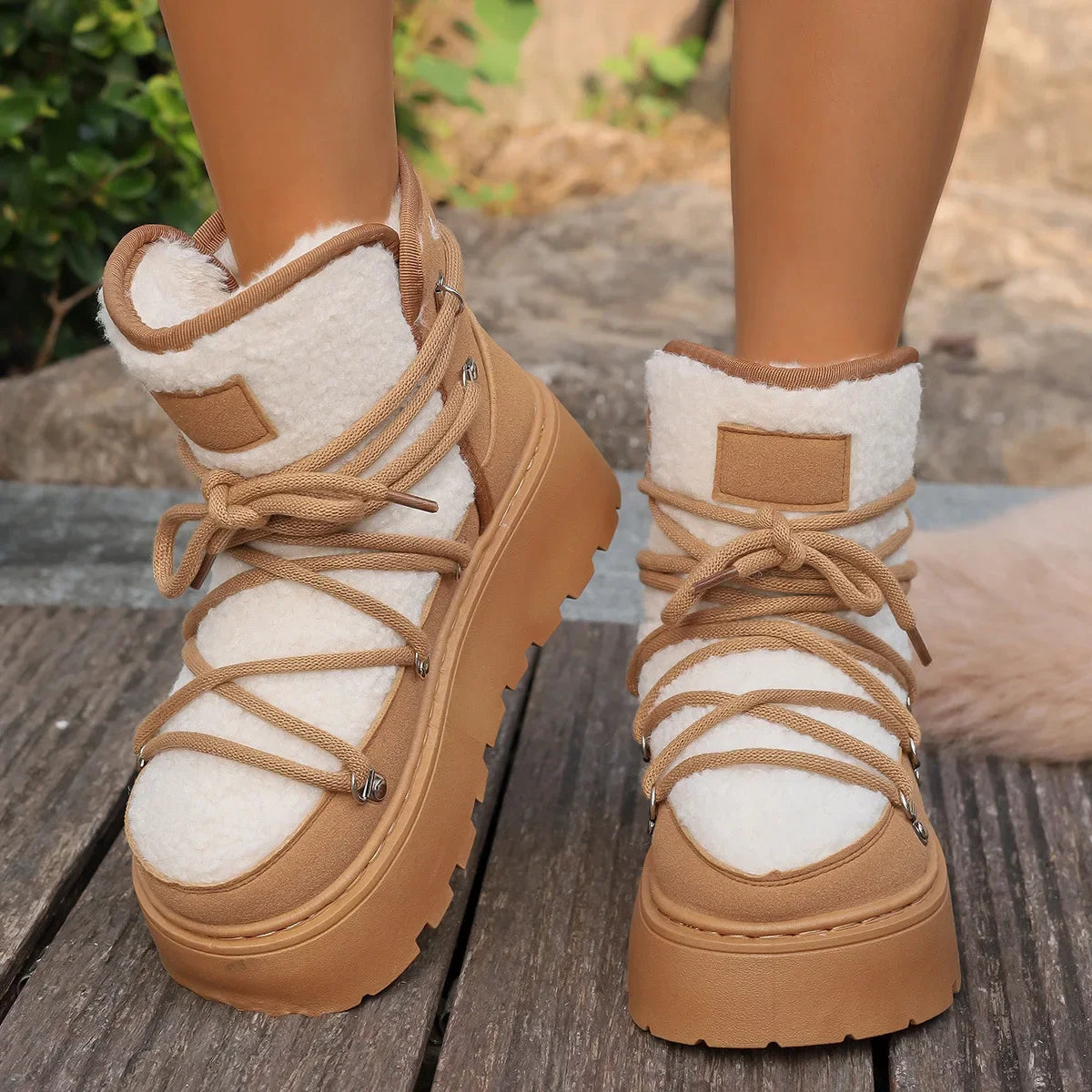 Women’s Winter Snow Boots – Warm, Fleece-Lined, Thick Sole, Cotton Material, Adjustable Ties, Non-Slip Rubber Outsole,