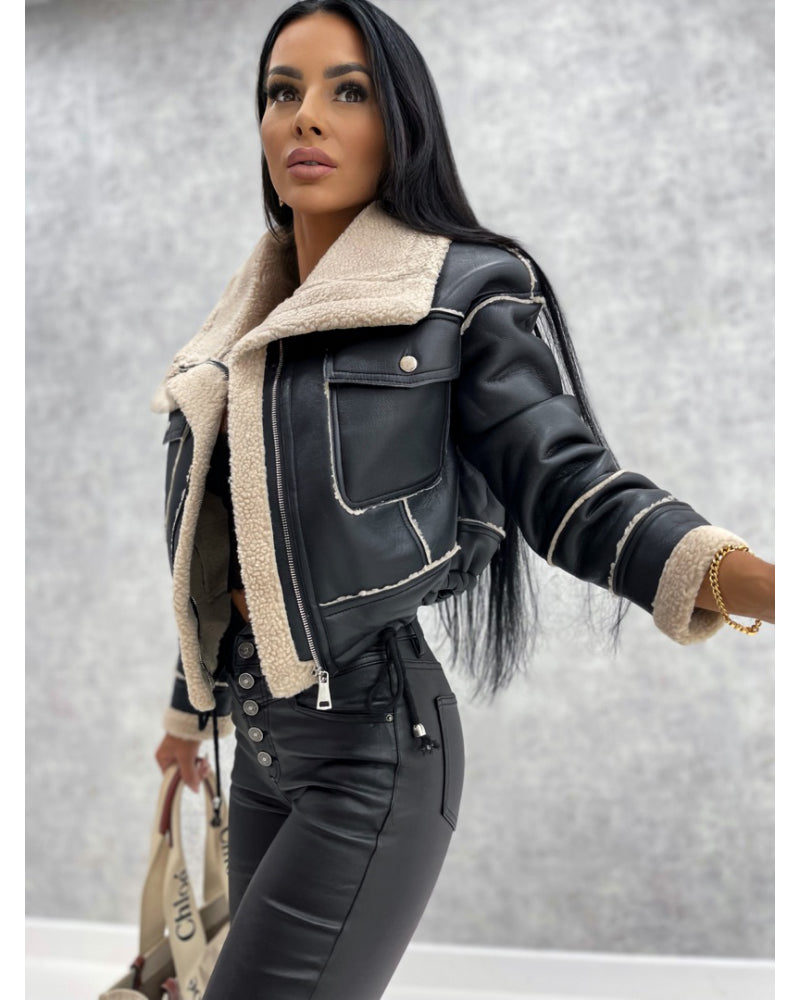 Faux Leather Jackets Women PU Short Thick Warm Black Outwear Female Aviator Retro Lapel Velvet Coat New Year Winter Tops