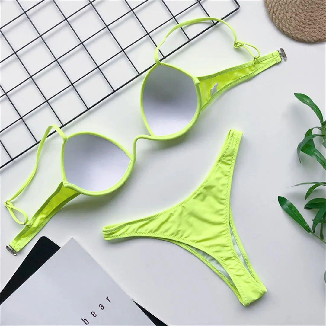 Sexy V-Bra Bikini — Underwired Push-Up, Hard Cup, Two-Piece Backless Set.