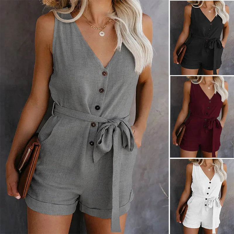 Women's Casual V-neck Monochromatic Jumpsuit