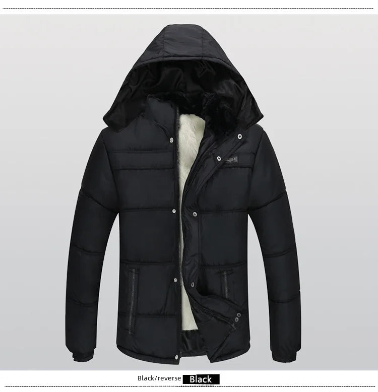 Thickened cotton padded men’s jacket, warm and medium-length.
