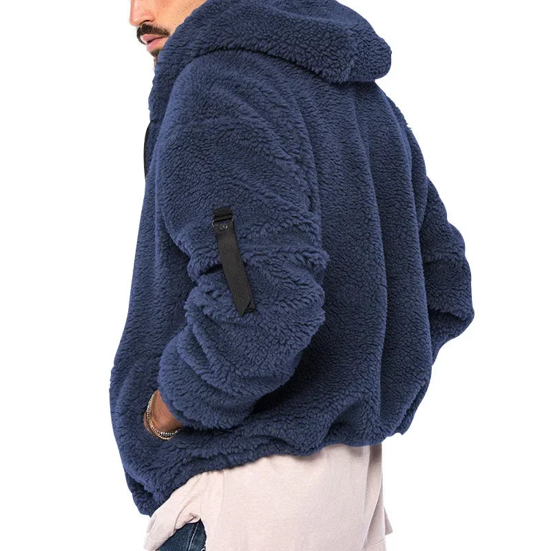 Men’s Fleece Jacket – Hooded, warm, loose fit, casual winter style.