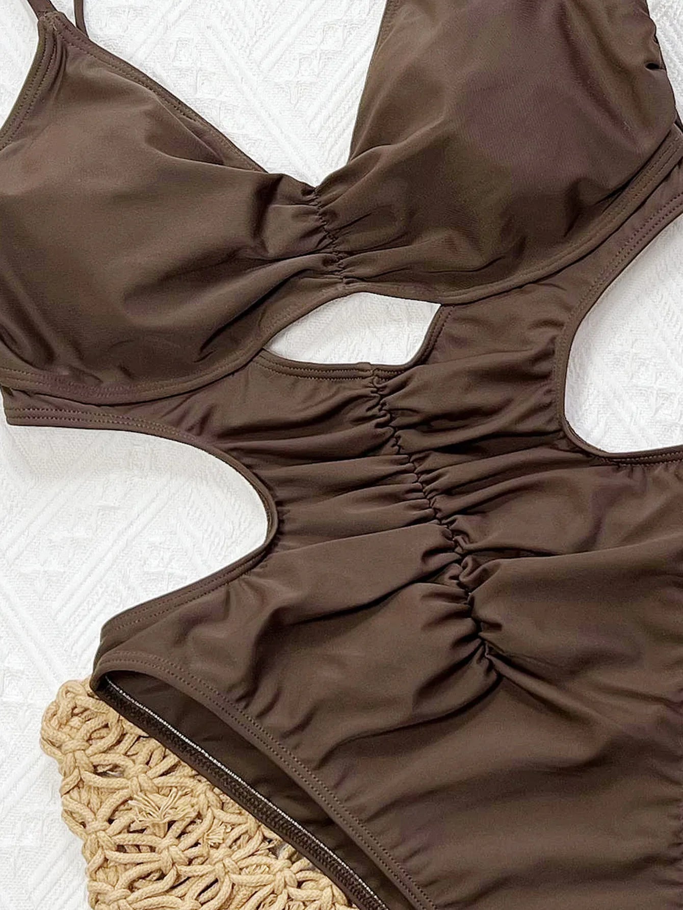 Sexy Backless One-Piece — Solid, Pleated, Hollow-Out Design. High-Leg Cut, Padded for Comfort.