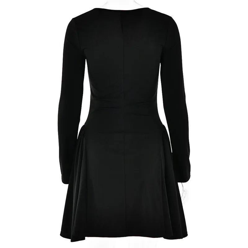 Mozision Long Sleeve A-line Sexy Mini Dress For Women Robe Autumn Fall Bow Square Collar Pleated Dress Elegant Dresses