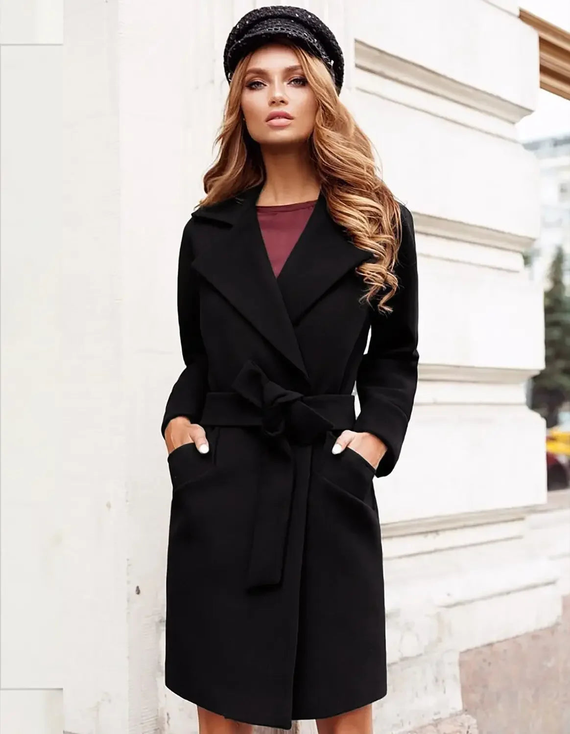 Women's S-2XL Size New Fashion Slim Fit Waist Belt Flip Collar Woolen Coat trench coat  trench coat for women