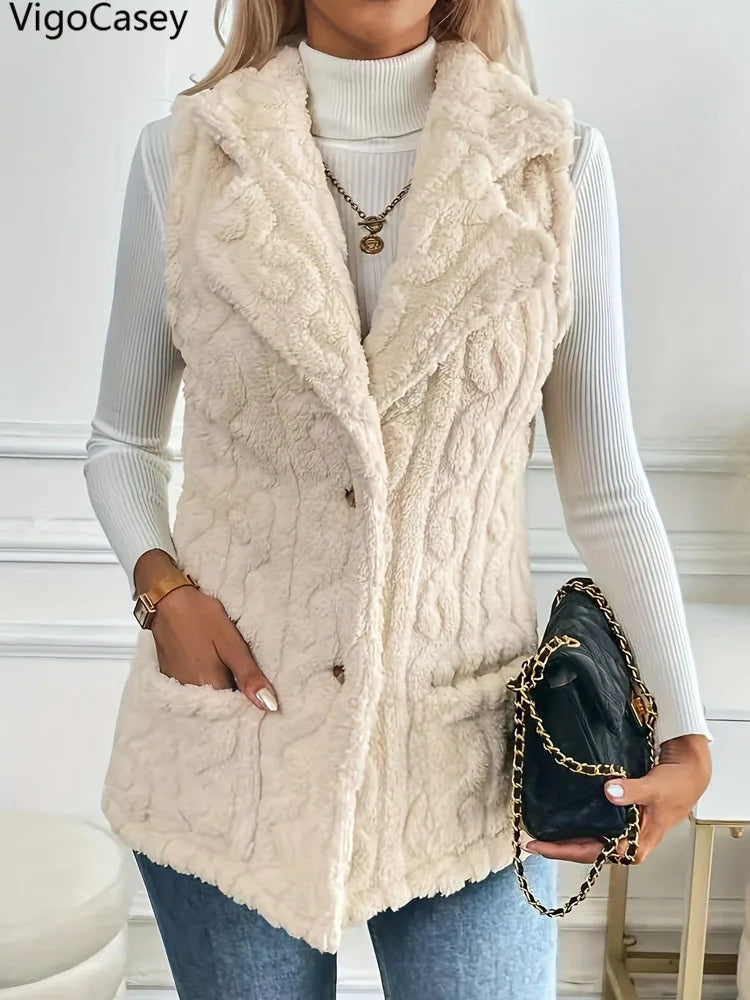 Sleeveless Plush Single-Breasted Vest – Autumn & Winter