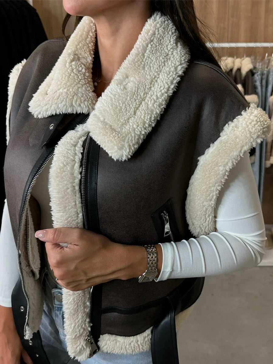 Women Leather Sherpa Vest Fur Collar Sleeveless Zipper Faux Suede Shearling Vest 2024 Biker Moto Jacket Winter Warm Outerwear