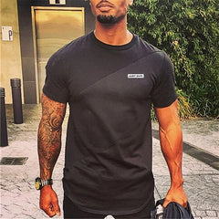 Gym Fitness T-shirt Trend Stitching Contrast Color Short Sleeve Shirt Mens Bodybuilding Clothing Summer Cotton Breathable Tops