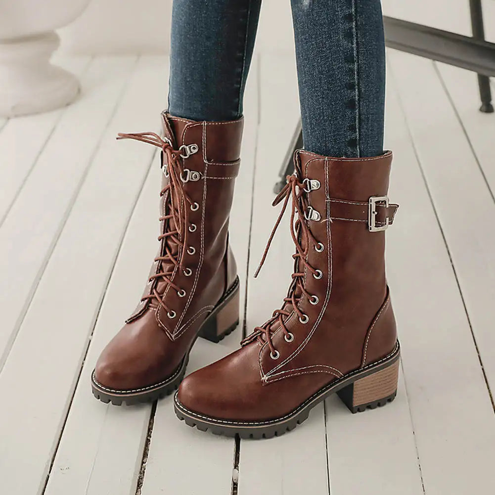 HUAJUANER 2023 Big Size 45 Autumn Winter Shoes High Quality Leather Boots Women Fashion non-slip Shoelaces Motorcycles Boots