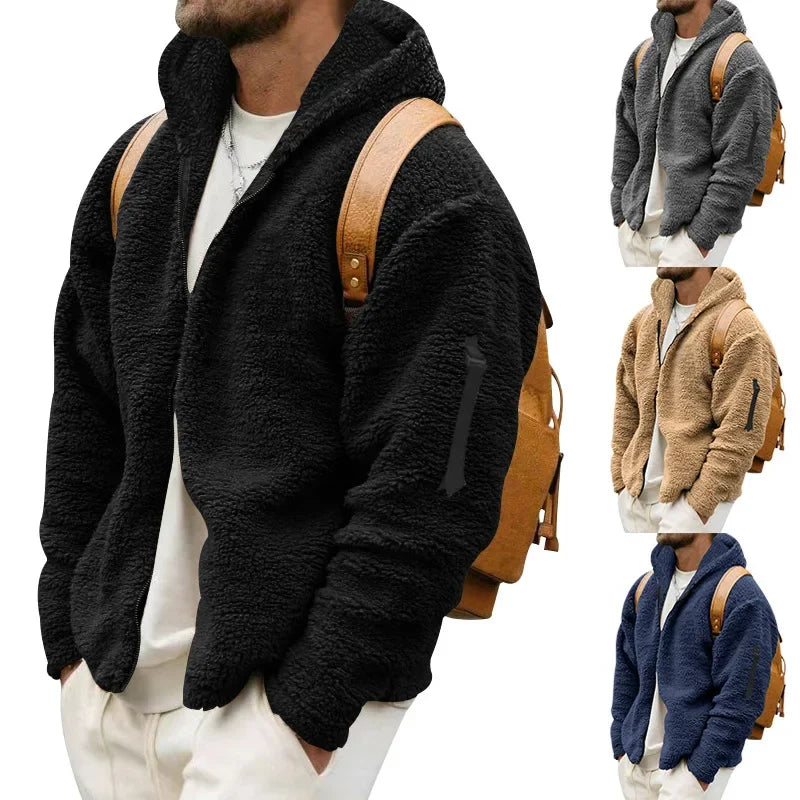 Men’s Fleece Jacket – Hooded, warm, loose fit, casual winter style.