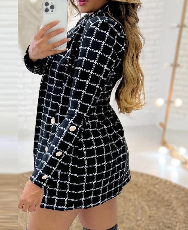 2Pcs Women Outfit 2024 Autumn Fahsion Houndstooth Print Shawl Collar Long Sleeve Blazer Coat & Elegant Shorts Set with Crop Top