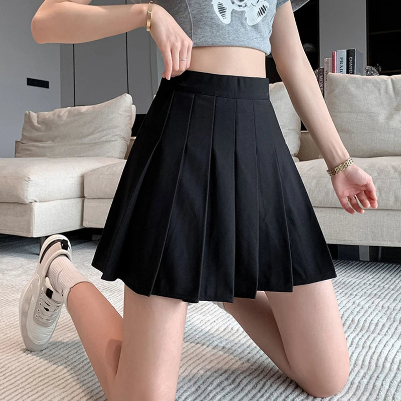 Rimocy Korean Elastic High Waist Pleated Skirt Woman Black Gray Short A-Line Skirts for Women 2023 Summer Jk Uniform Mini Skirt