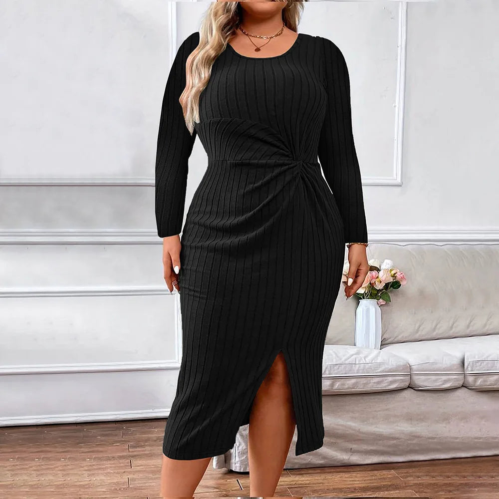 Plus Size Solid Women Dresses Knitted Round Neck Long Sleeves Autumn Fall Sprimg Robe Casual Twist Split Female Clothing