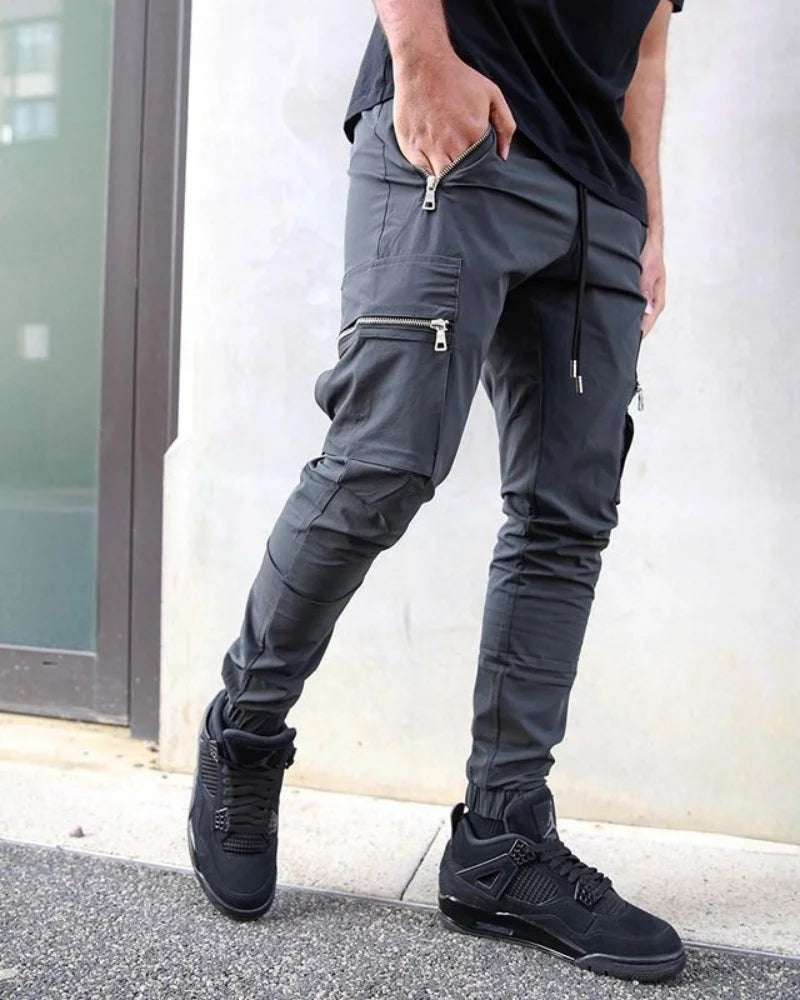 Men's casual overalls spring and autumn new drawstring fashion personality zipper pocket small foot pencil pants long pants