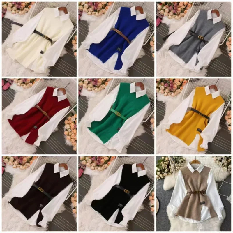 2024 Autumn Long Sleeve White Shirt Sweater Set Chic Age-Reducing Loose Fit Knit Vest Vest 2-Piece Set For Women