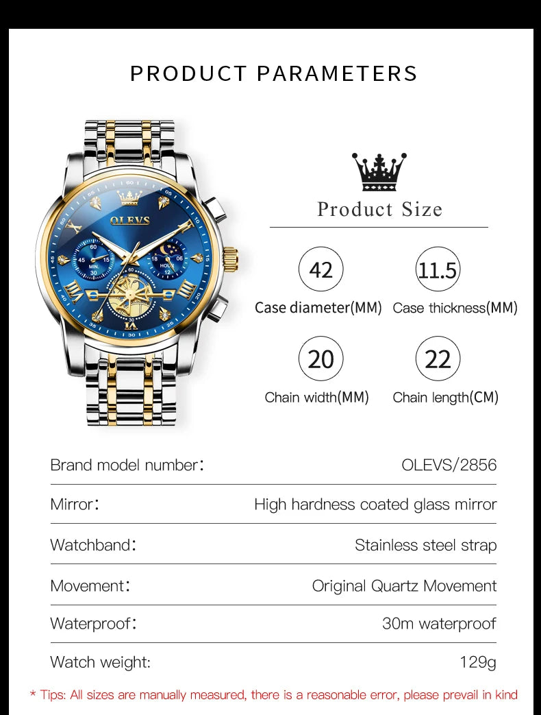 OLEVS 2856 Original Quartz Dress Watch For Men Moon Phase Stainless Steel Business Wristwatch Waterproof Luminous Man Watches