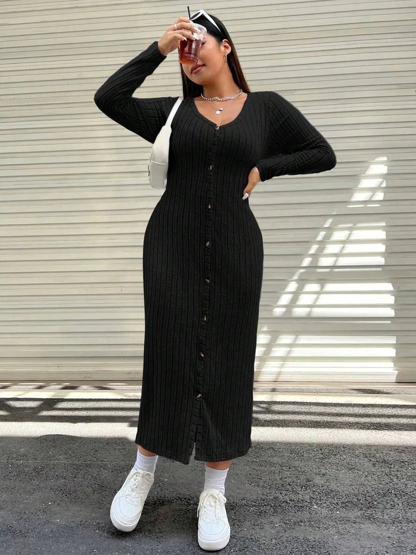 Plus Size Knitted Women Dresses Front Button Long Sleeves Autumn Fall Spring Long Robe Casual Solid Female Sweater Clothing