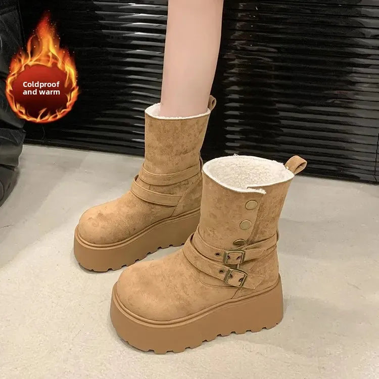 Women’s Winter Boots – Thick sole, ultra high heel, fleece-lined, mid-calf, round toe.