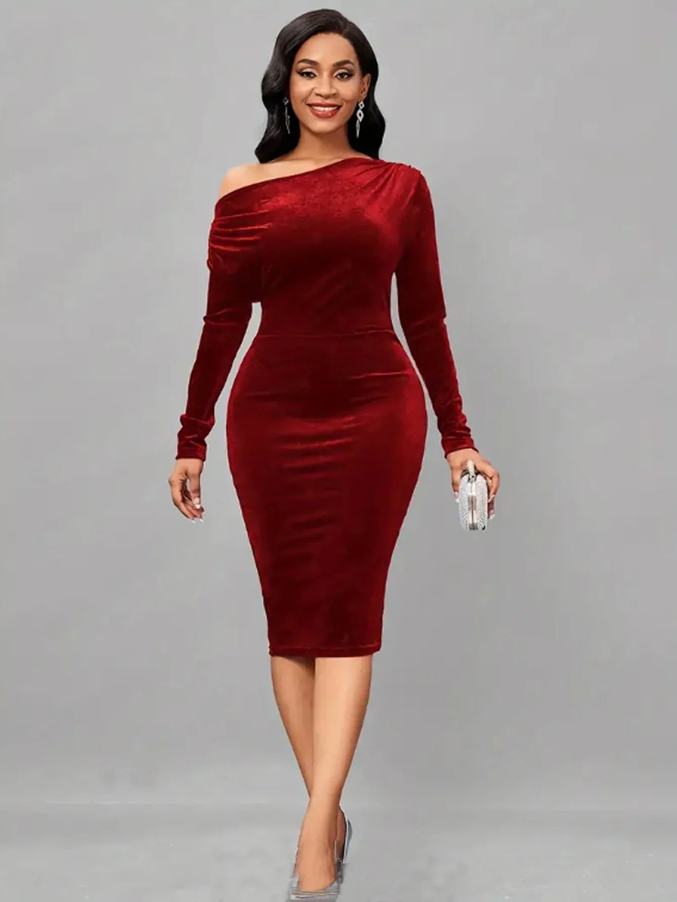 2024 Winter Red Velvet Plus Size Bodycon Dress Women Long Sleeve Large Knee Dresses Ladies Sexy Off Shoulder Evening Party Dress