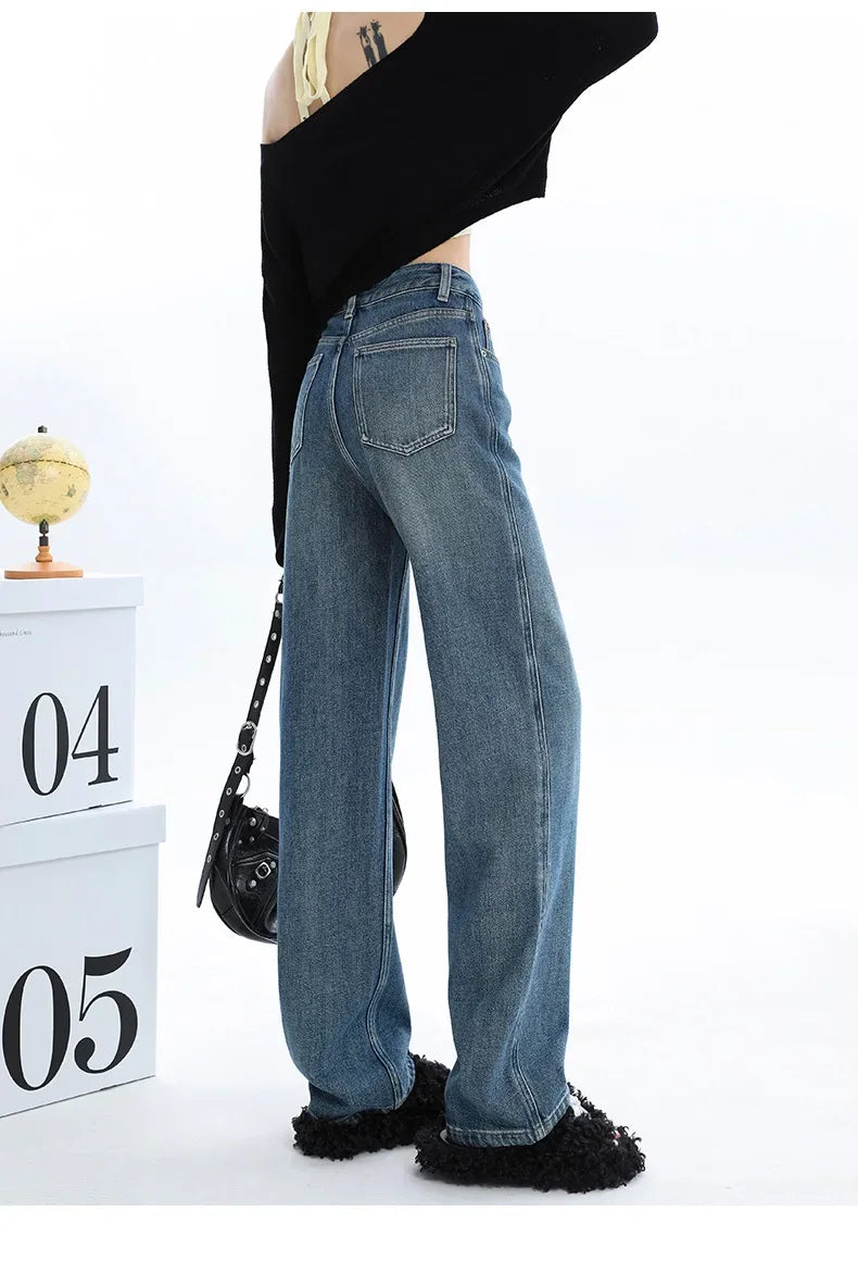 High-waisted Thickened Loose-fit Fleece-lined Straight-leg Jeans For Women Petite Size Warm Light-colored Long Trousers