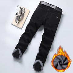 Winter Pure Black Fleece Thick Warm Jeans Men's Slim Straight Elastic Denim Pants Casual Male Clothing Fashion Plush Trousers