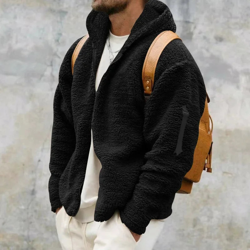 Men’s Fleece Jacket – Hooded, warm, loose fit, casual winter style.