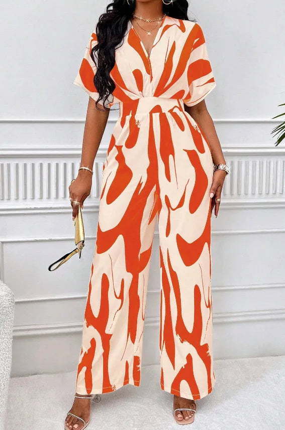 Spring Summer New Printed Short Sleeve For Women's Jumpsuit Fashion Waist Slim Simple Elegant Female Office Jumpsuit Pants