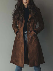 Elegant Brown Suede Trench Coat – Autumn