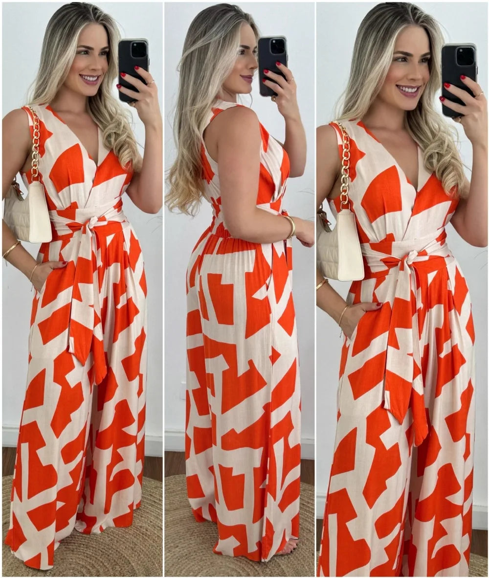 Women's fashionable and minimalist style women's deep V-waist tied jumpsuit -88209 sleeveless mid waist straight leg pants 2024