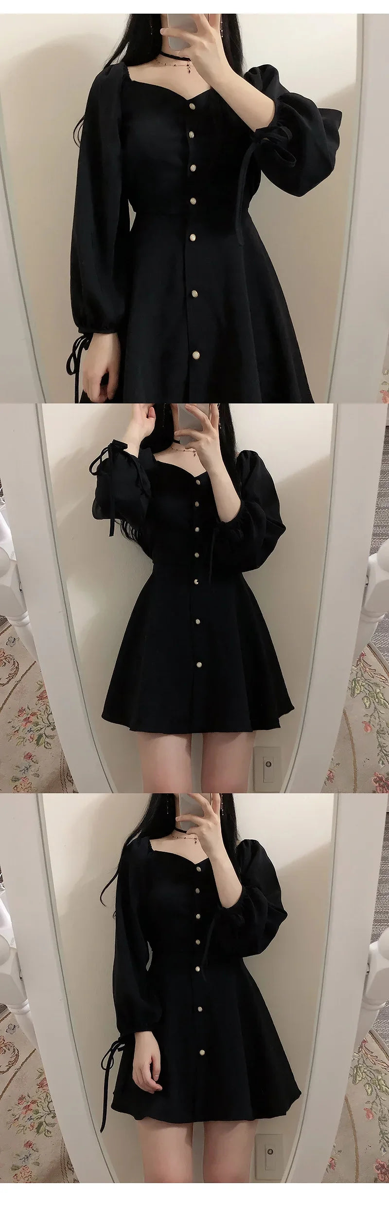 New Spring-autumn Plus-size Petite Dress Single-breasted Waist-fitted Slimming Black Dress For Plus-size Women