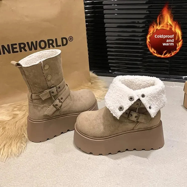 Women’s Winter Boots – Thick sole, ultra high heel, fleece-lined, mid-calf, round toe.