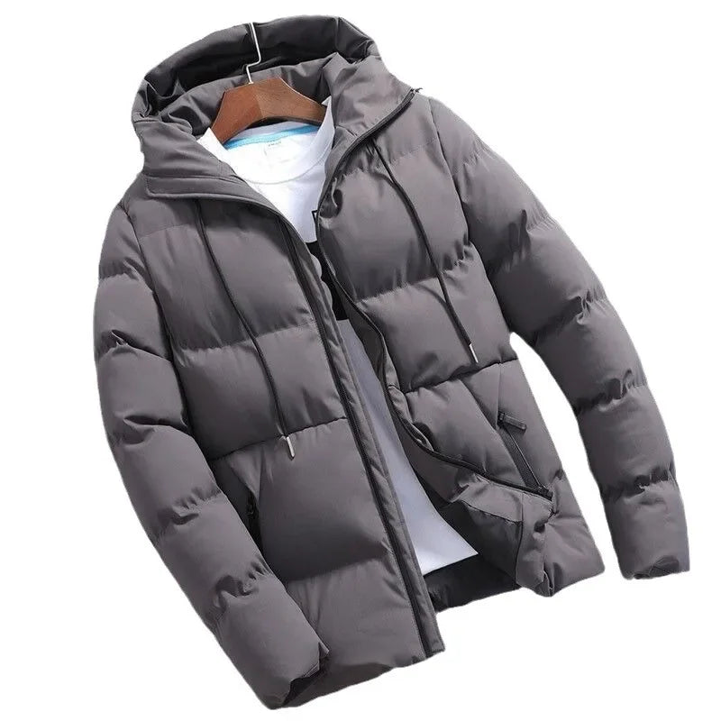 Men’s cotton puffer jacket with hood, loose fit, cropped design — perfect for casual and outdoor wear.
