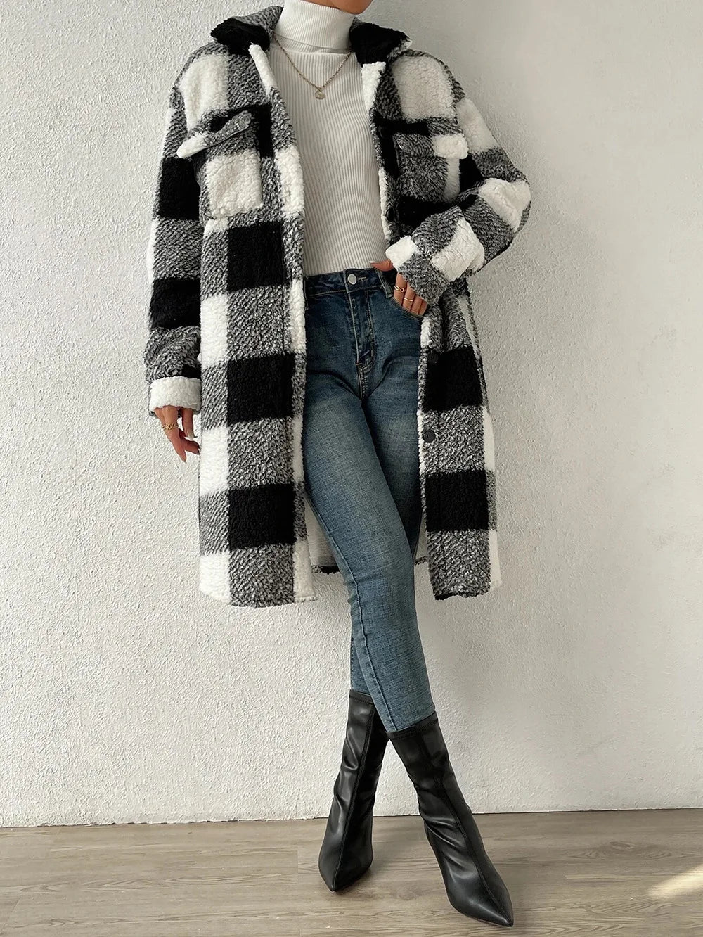 Long Plaid Fleece Coat with Pockets – Autumn & Winter