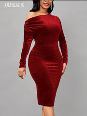 2024 Winter Red Velvet Plus Size Bodycon Dress Women Long Sleeve Large Knee Dresses Ladies Sexy Off Shoulder Evening Party Dress