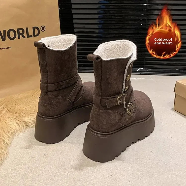 Women’s Winter Boots – Thick sole, ultra high heel, fleece-lined, mid-calf, round toe.
