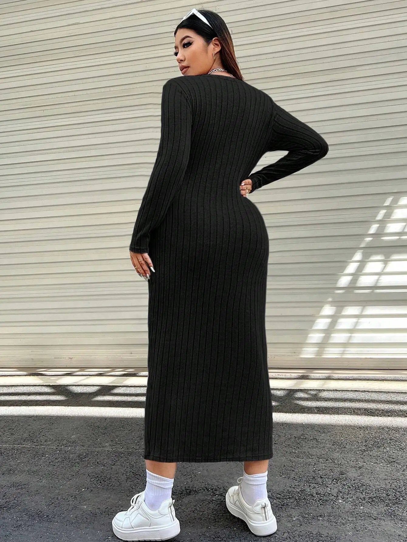 Plus Size Knitted Women Dresses Front Button Long Sleeves Autumn Fall Spring Long Robe Casual Solid Female Sweater Clothing