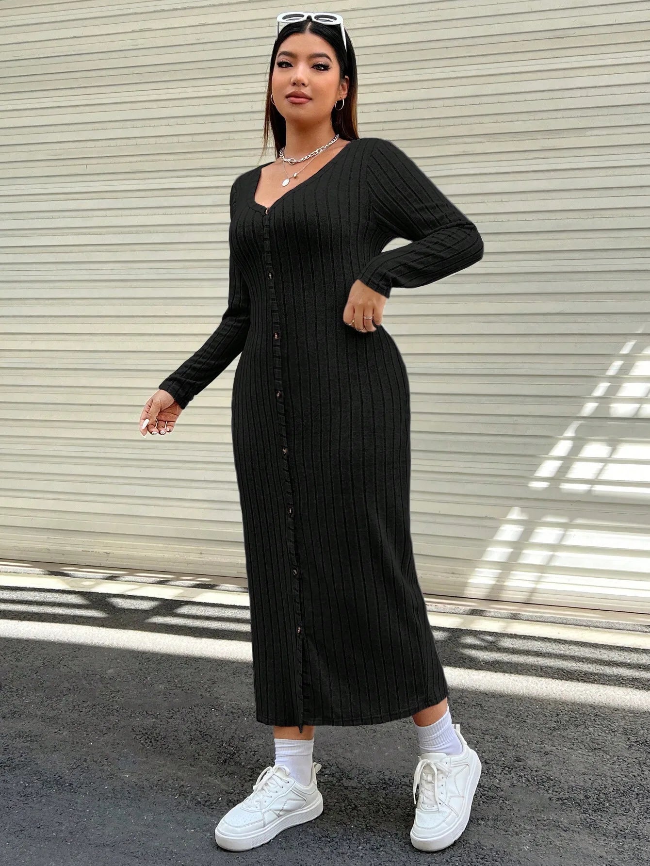 Plus Size Knitted Women Dresses Front Button Long Sleeves Autumn Fall Spring Long Robe Casual Solid Female Sweater Clothing