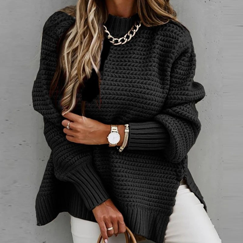 Loose Black Knit Sweater with High Neck – Autumn & Winter