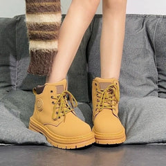 2024 Fashion Round Toe Women’s Platform Non-slip Leather Booties Lace-up Boots Outdoor Casual Women Boots Botas Mujer