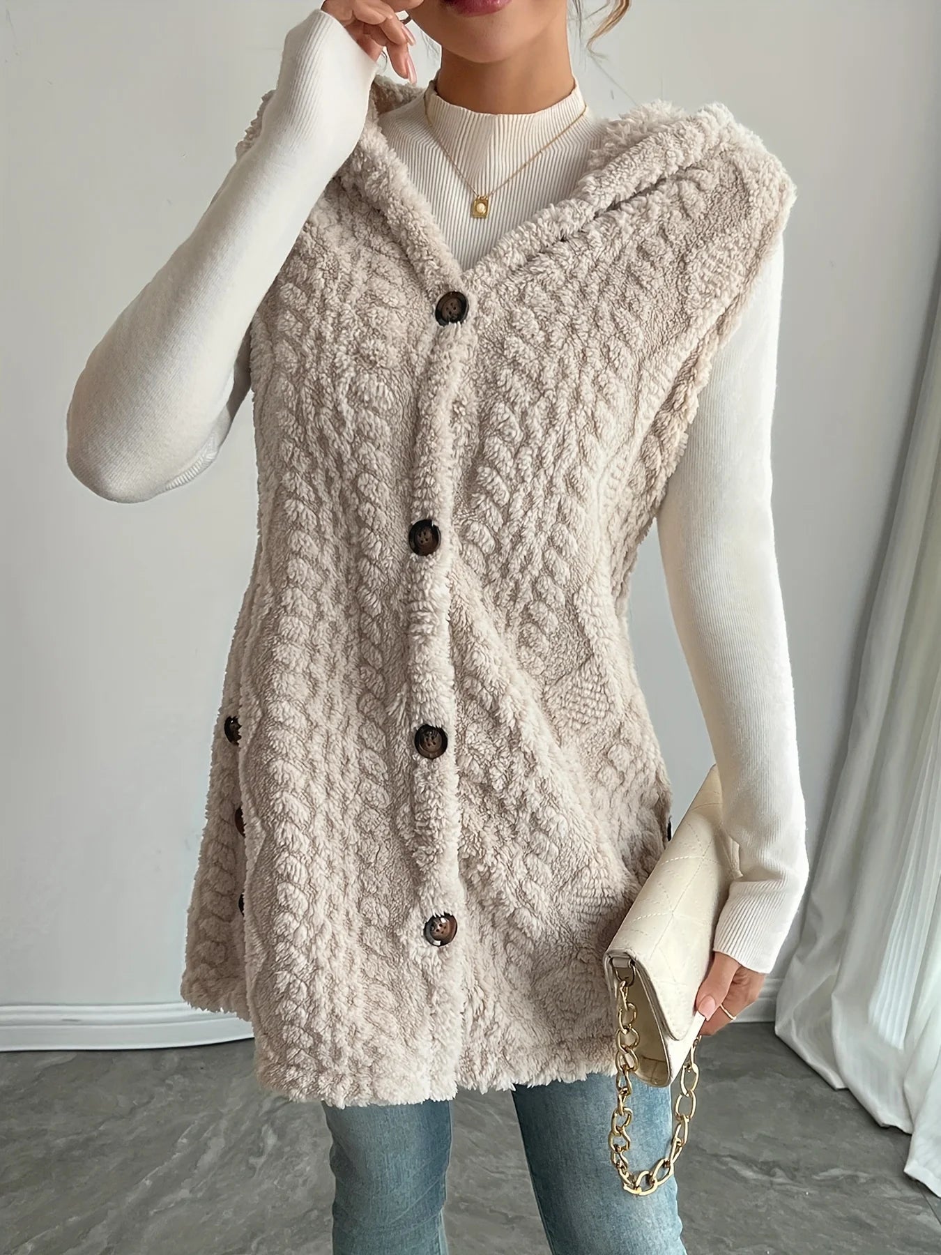 Solid Color Chunky Knit Hooded Vest – Casual & Cozy