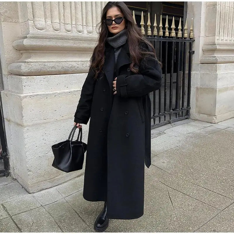 Fashion With Belt Black Woolen Long Coat For Women Oversize Loose Double Button Lapel Overcoat Autumn Lady High Street Outerwear