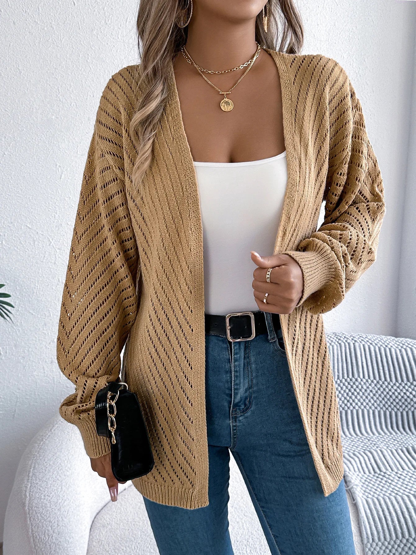 Solid Knit Long Sleeve Cardigan – Autumn & Winter